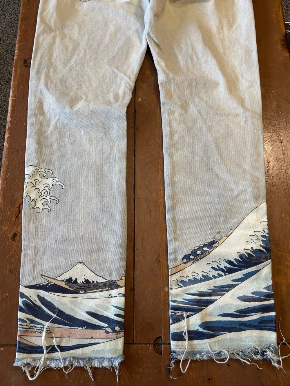MNML Jeans Retro Ocean Waves Mountain Art Washed Denim Pants